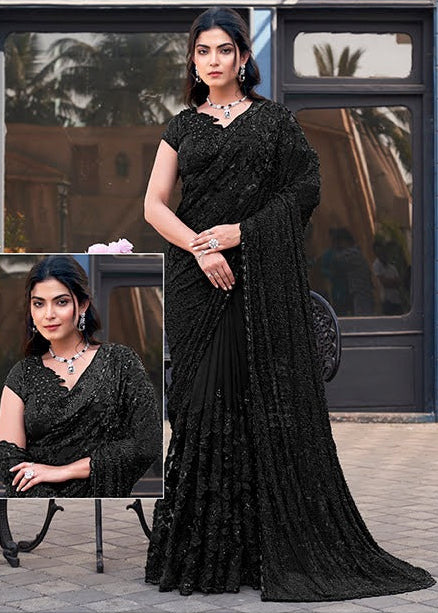 Black Heavy Sequin Embroidered Net Saree Main image