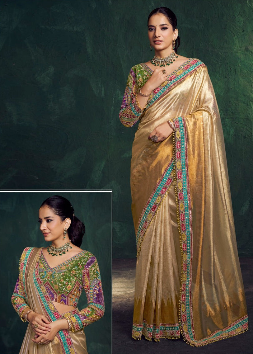 Luminous Gold Embroidered Tissue Saree