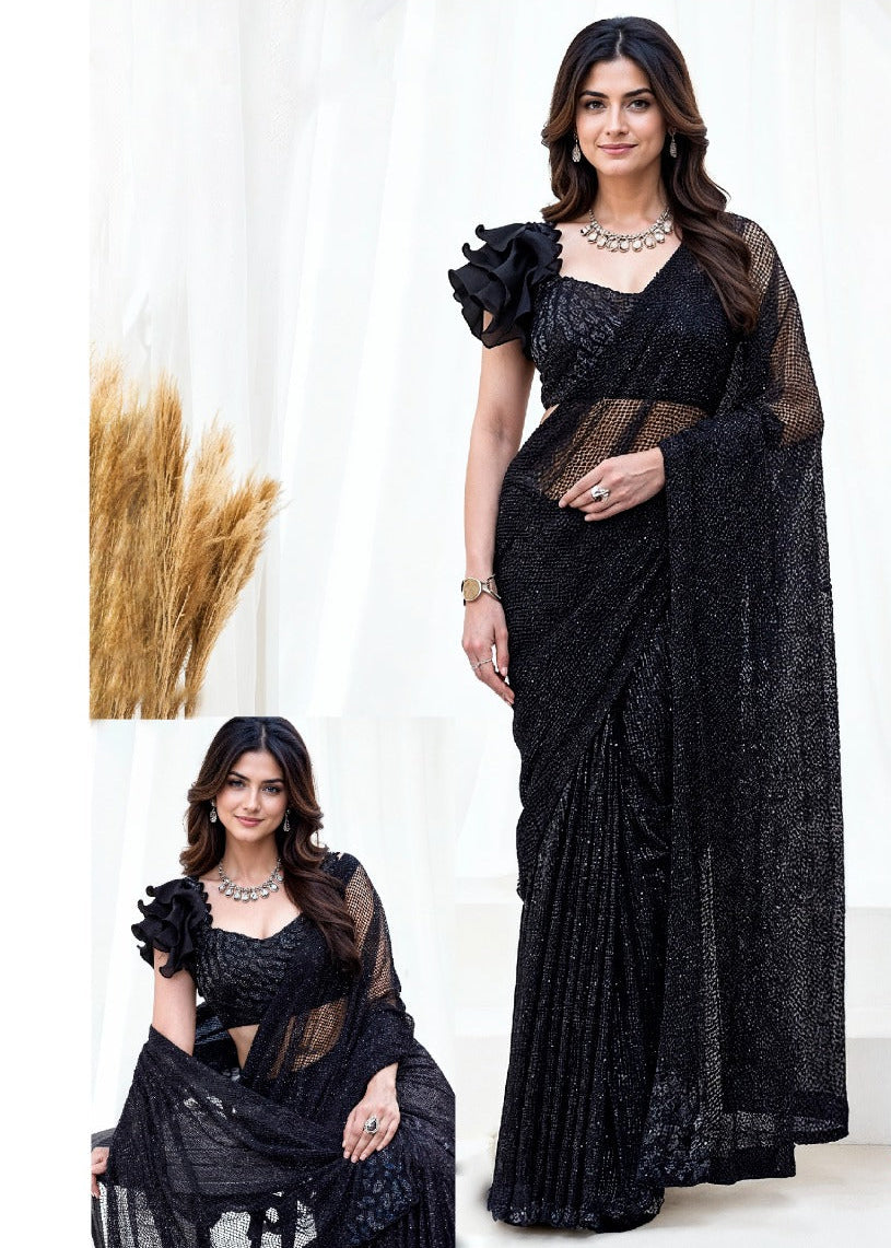 Glamorous Jet Black Net Saree Main image