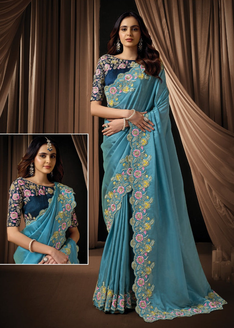 Vibrant Floral Embroidered Silk Saree