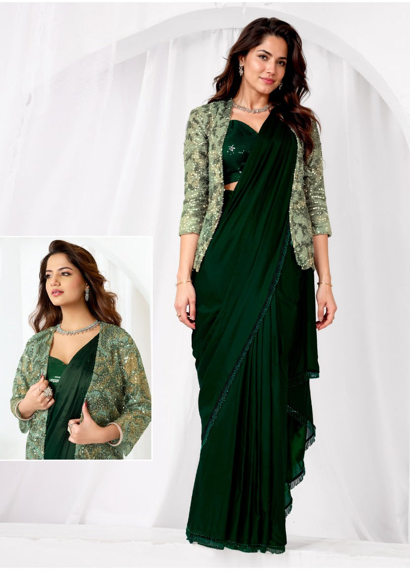 Chic Bottle Green Satin Silk Saree Main image