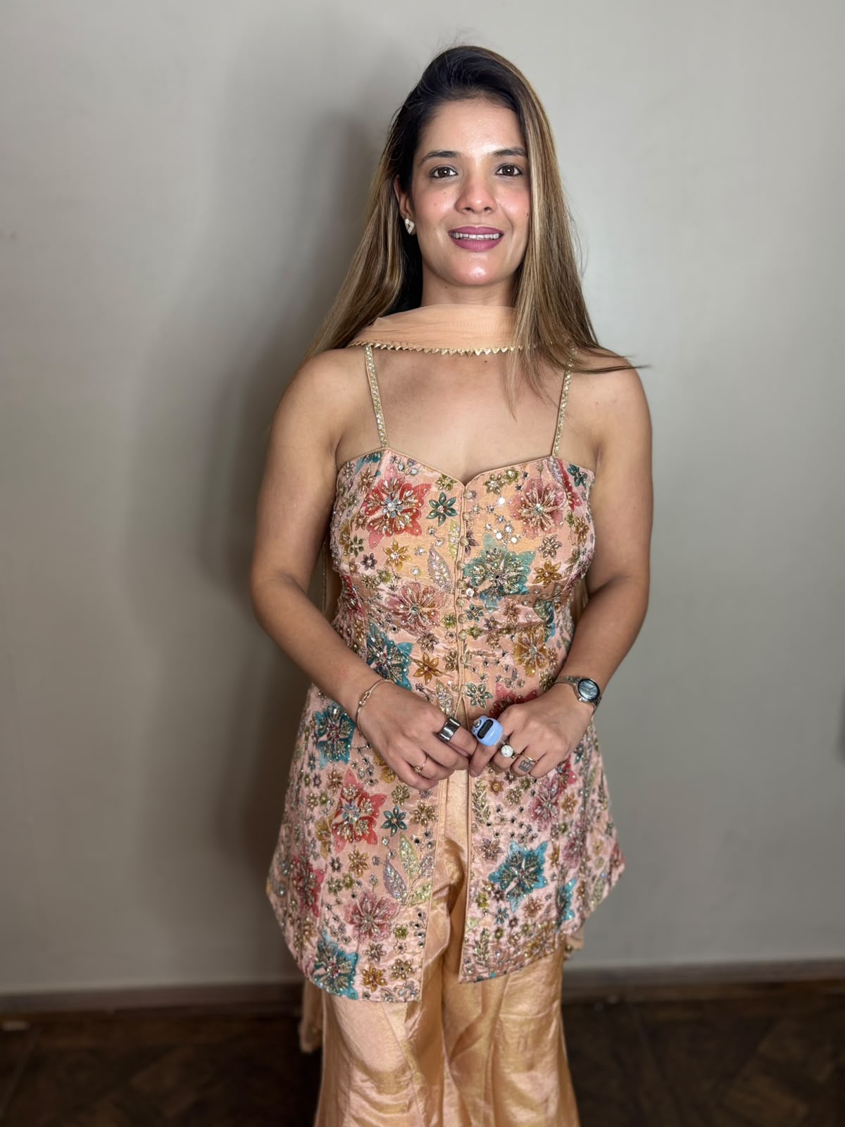 Peach Heavily Embroidered Kurti Set Secondary image