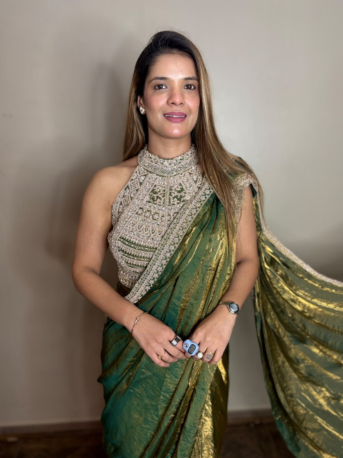 Emerald Green Metallic Shimmer Pre-Draped Saree