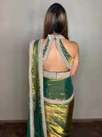 Emerald Green Metallic Shimmer Pre-Draped Saree