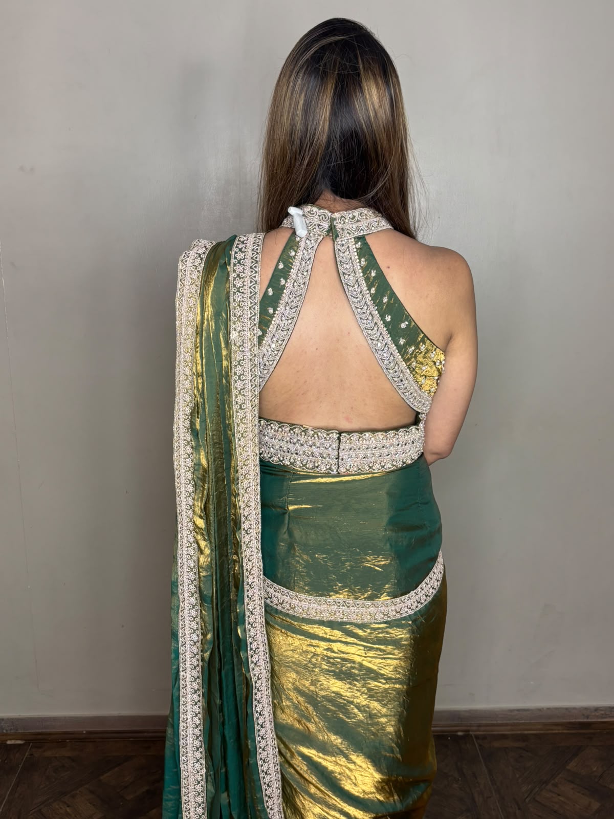 Emerald Green Metallic Shimmer Pre-Draped Saree