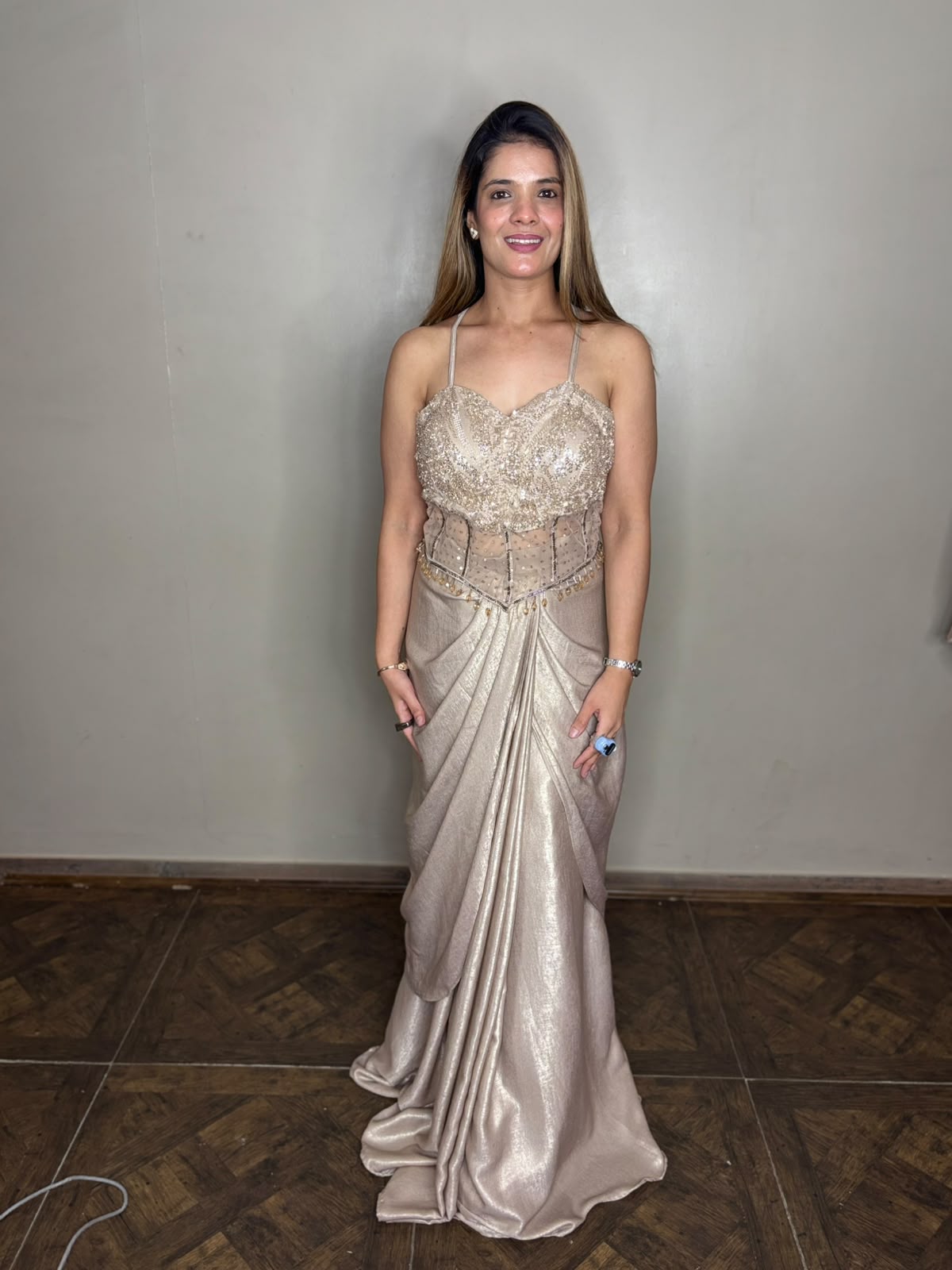 Champagne Gold Draped Skirt Fusion Set