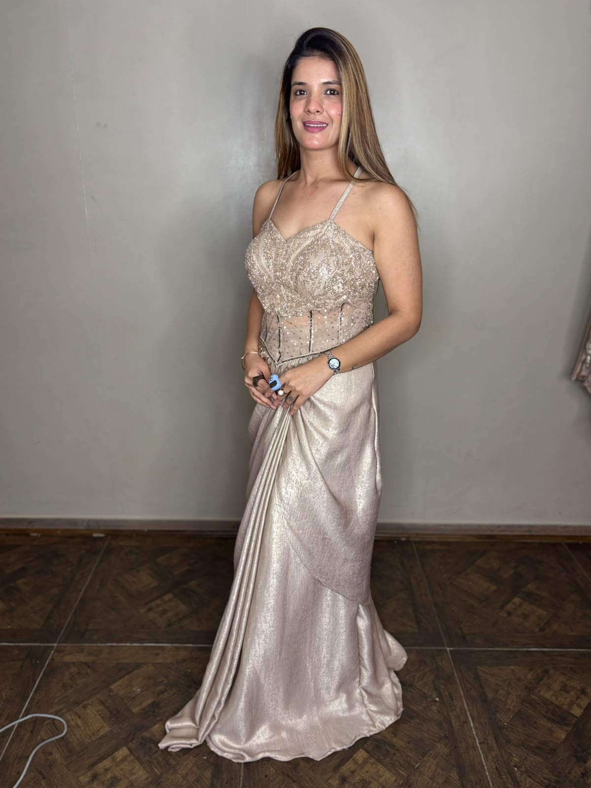 Champagne Gold Draped Skirt Fusion Set