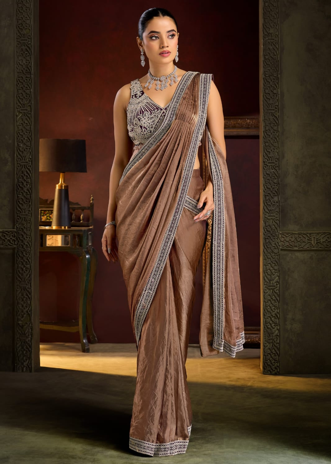 Metallic Bronze Embellished Drape Saree Main image