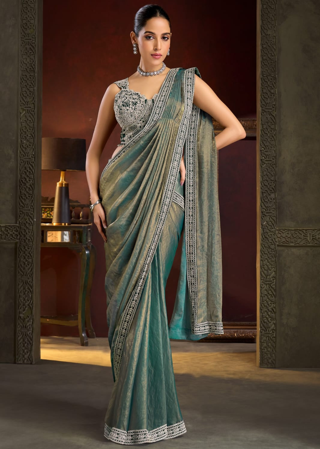 Metallic Teal Embellished Drape Saree