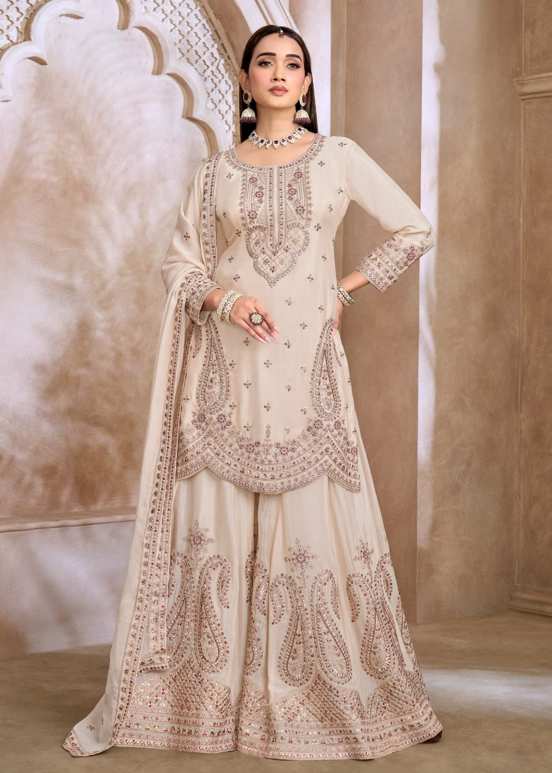 Off-White Embellished Paisley Sharara Set