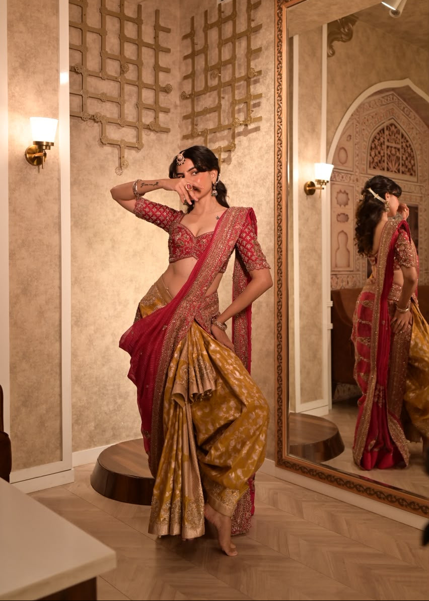 Champagne Gold Heavy Banarasi Saree Secondary image