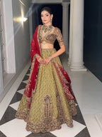 Royal Olive Green & Maroon Embroidered Bridal Lehenga