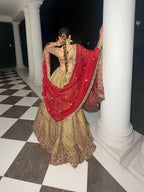 Royal Olive Green & Maroon Embroidered Bridal Lehenga
