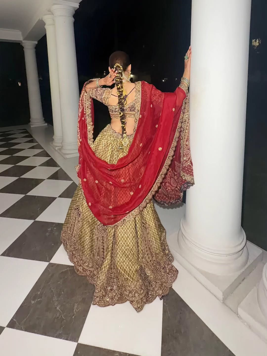 Royal Olive Green & Maroon Embroidered Bridal Lehenga