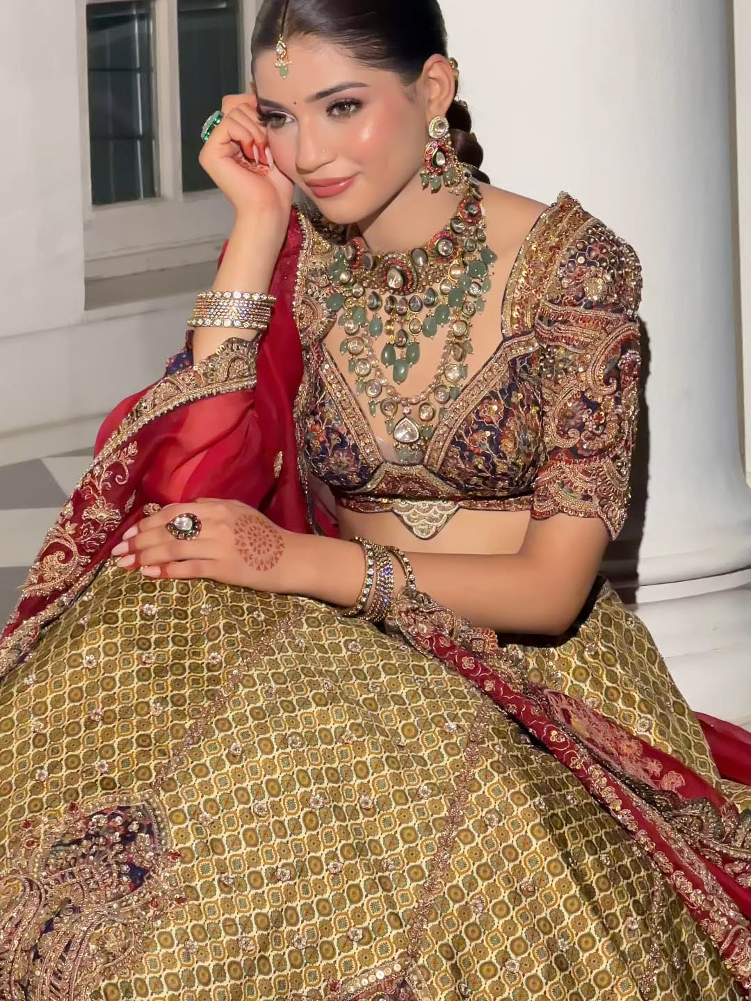 Royal Olive Green & Maroon Embroidered Bridal Lehenga