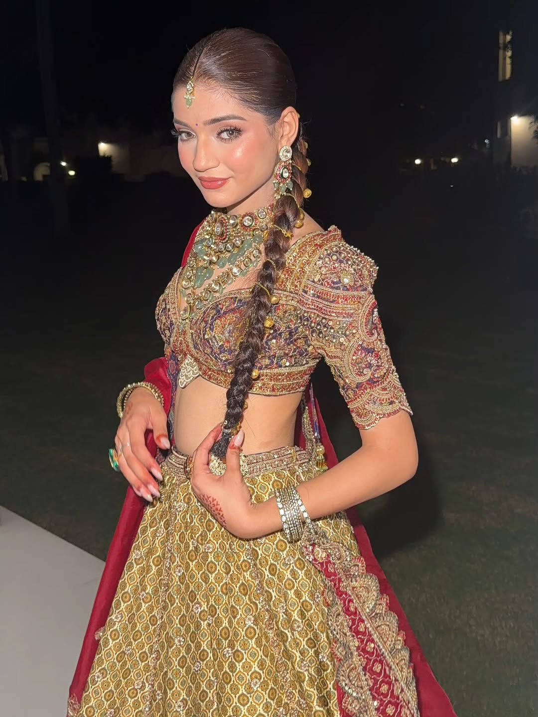 Royal Olive Green & Maroon Embroidered Bridal Lehenga