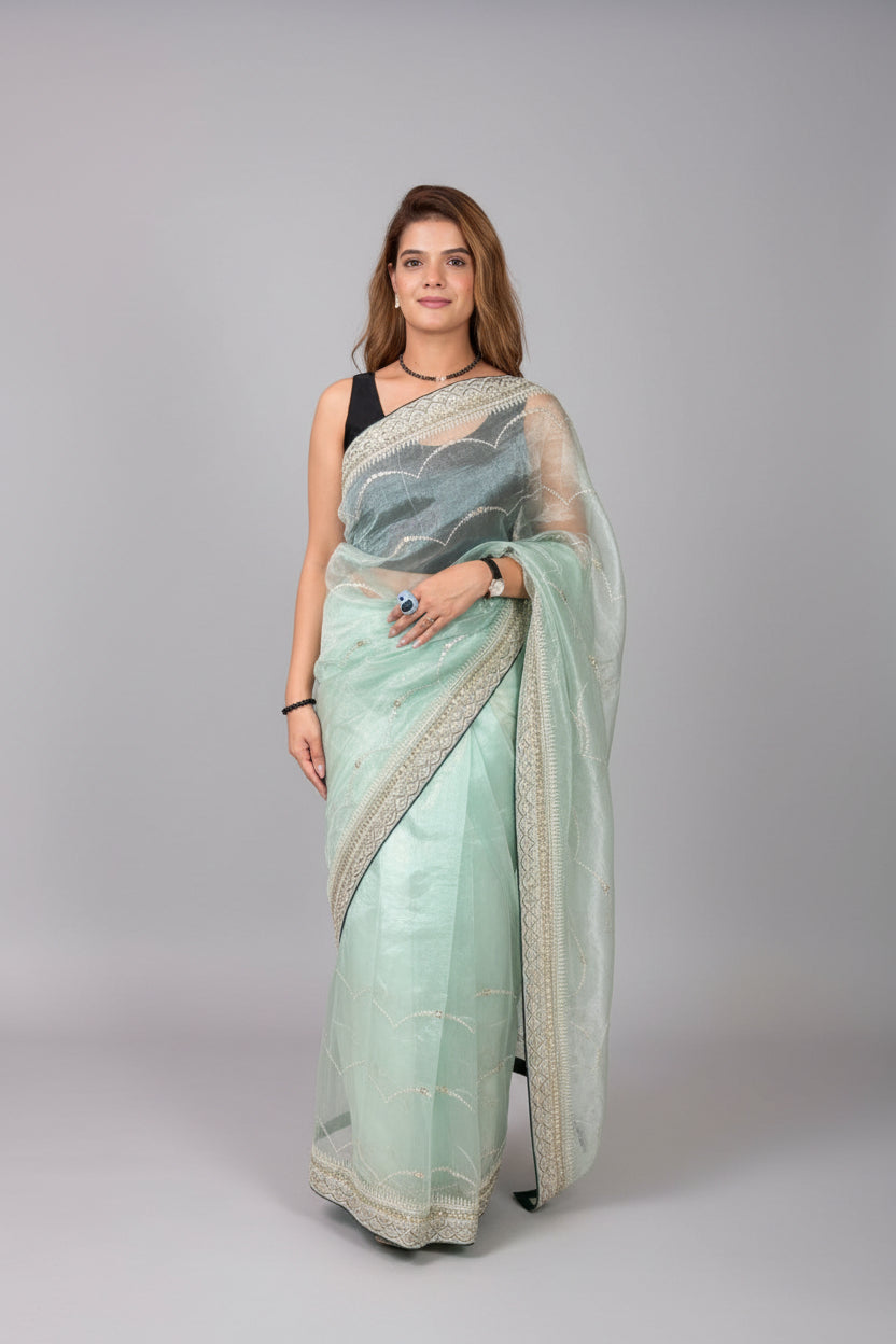 Seafoam Mint Green Sequined Organza Tissue Saree Main image