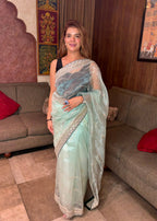 Seafoam Mint Green Sequined Organza Tissue Saree