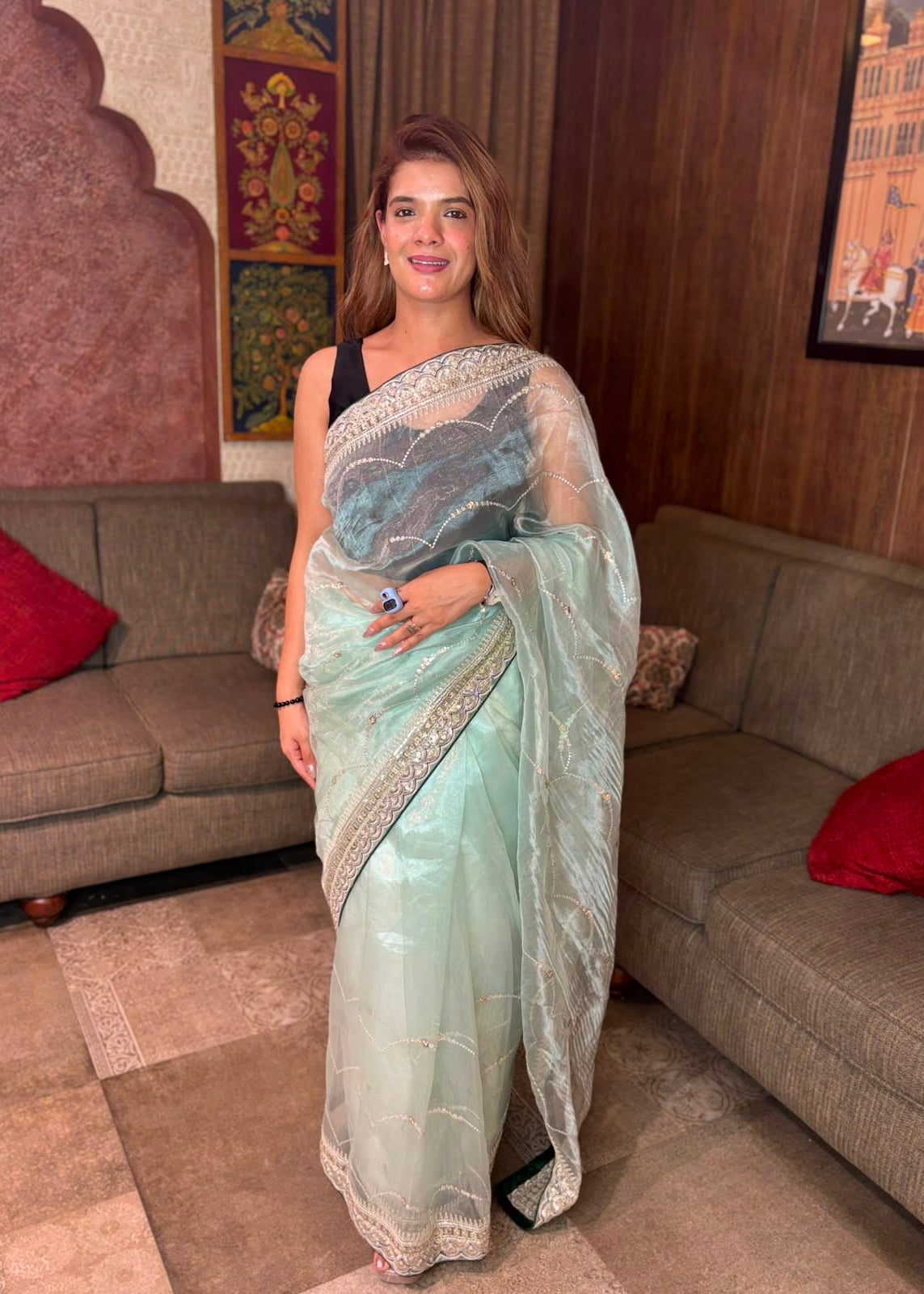 Seafoam Mint Green Sequined Organza Tissue Saree