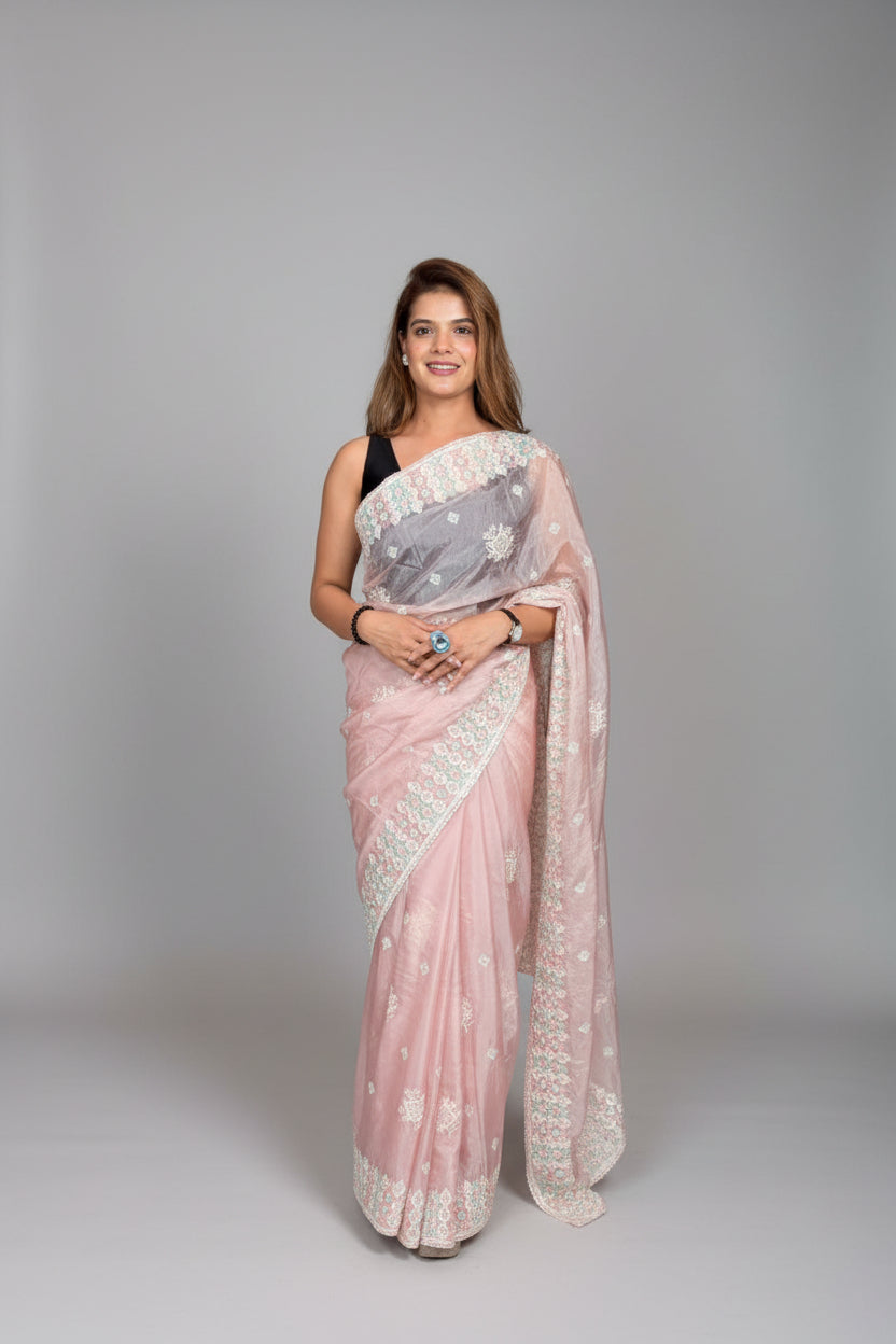 Blush Pink Embroidered Organza Saree Main image