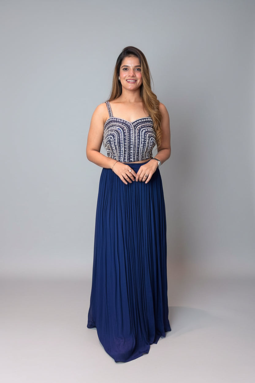 Royal Blue Pleated Lehenga Set Main image