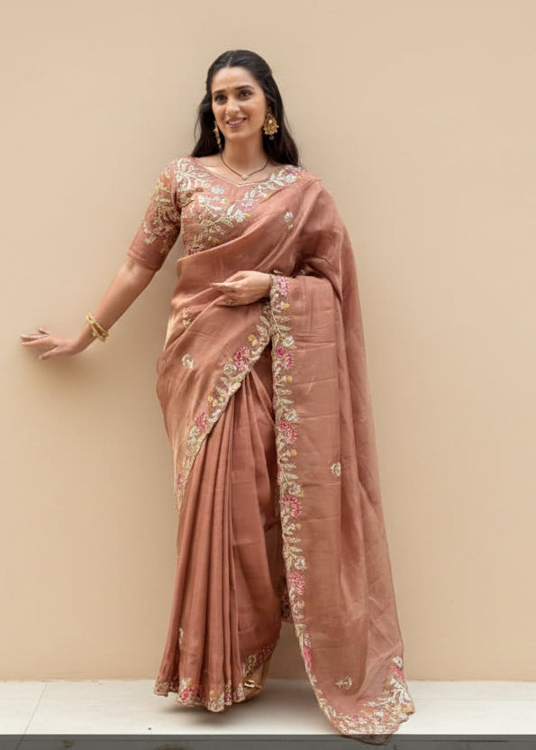Floral Embroidery Tissue Silk Saree Main image