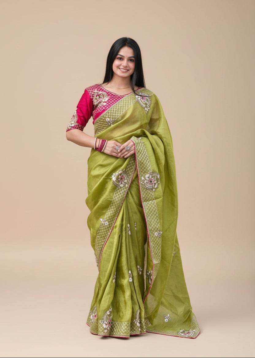 Elegant Olive Green Silk Saree