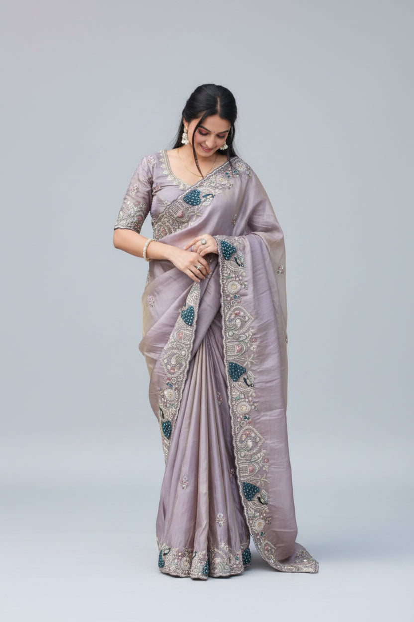 Lavender Embroidered Tissue Organza Saree Main image
