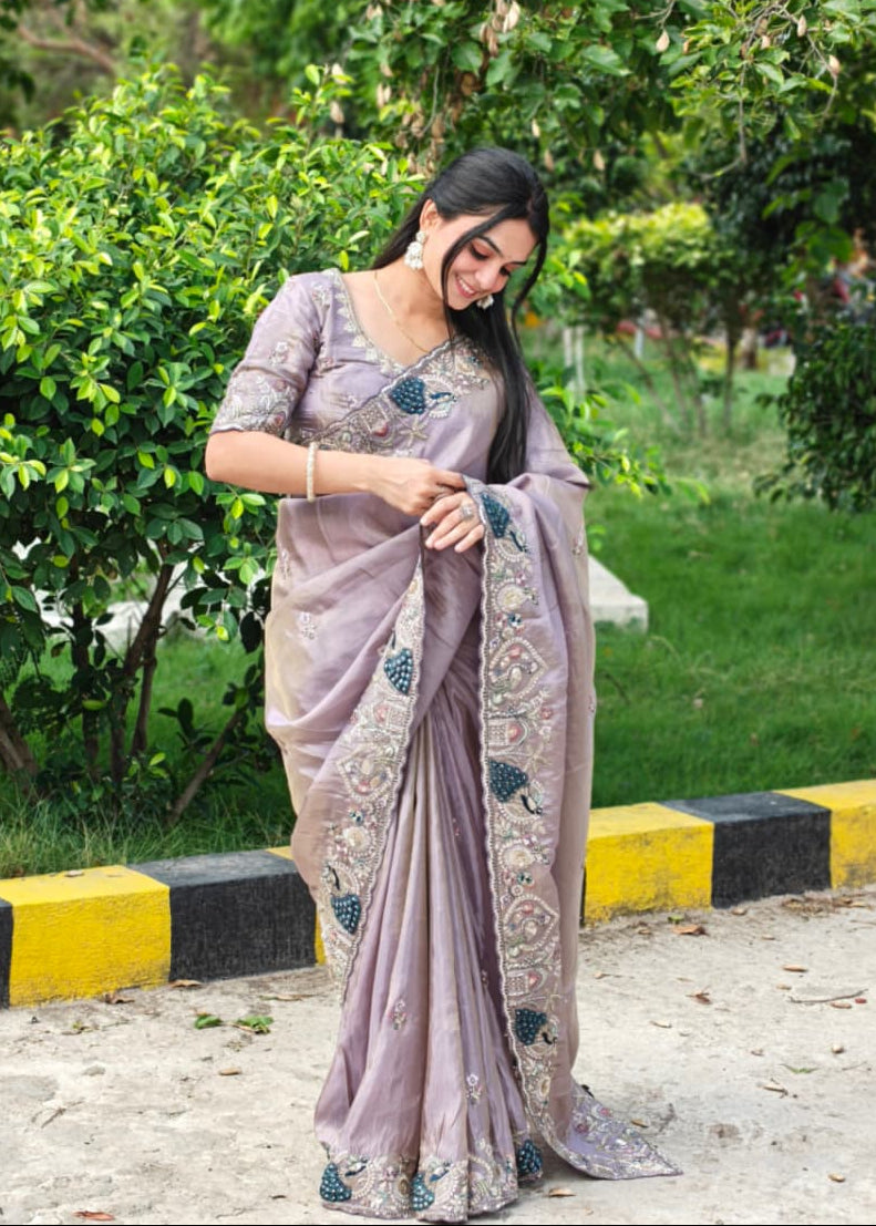 Lavender Embroidered Tissue Organza Saree