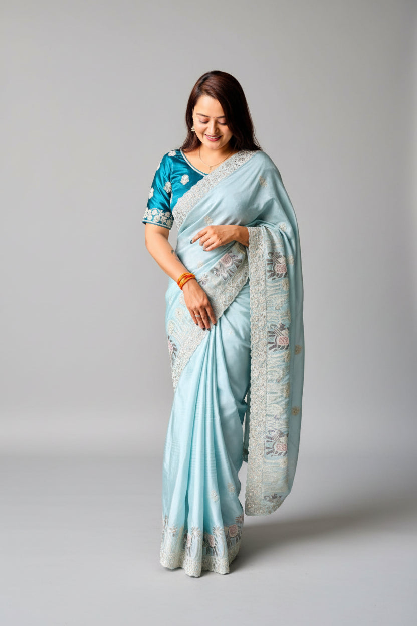 Sky Blue Embroidered Satin Silk Saree Main image