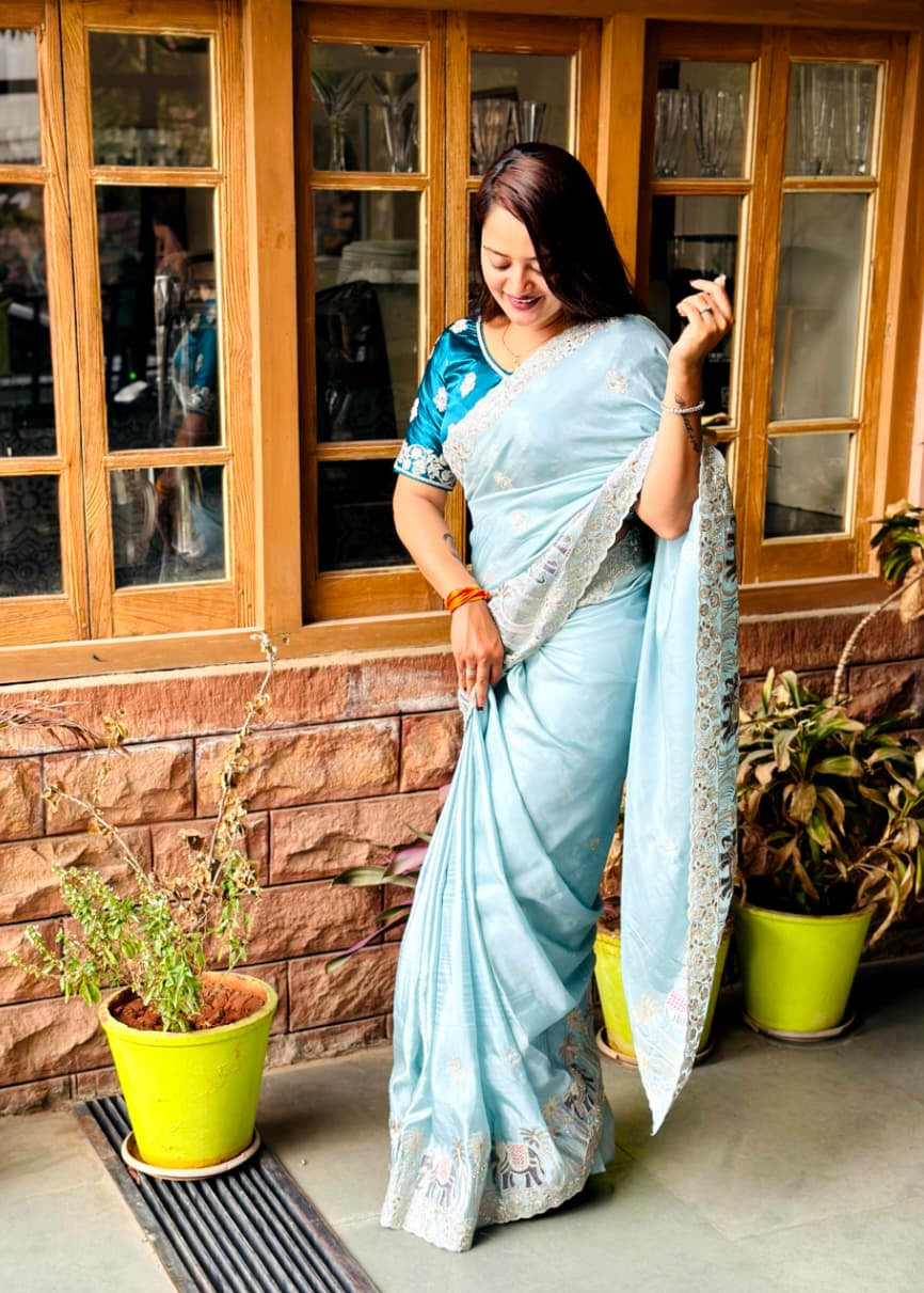 Sky Blue Embroidered Satin Silk Saree