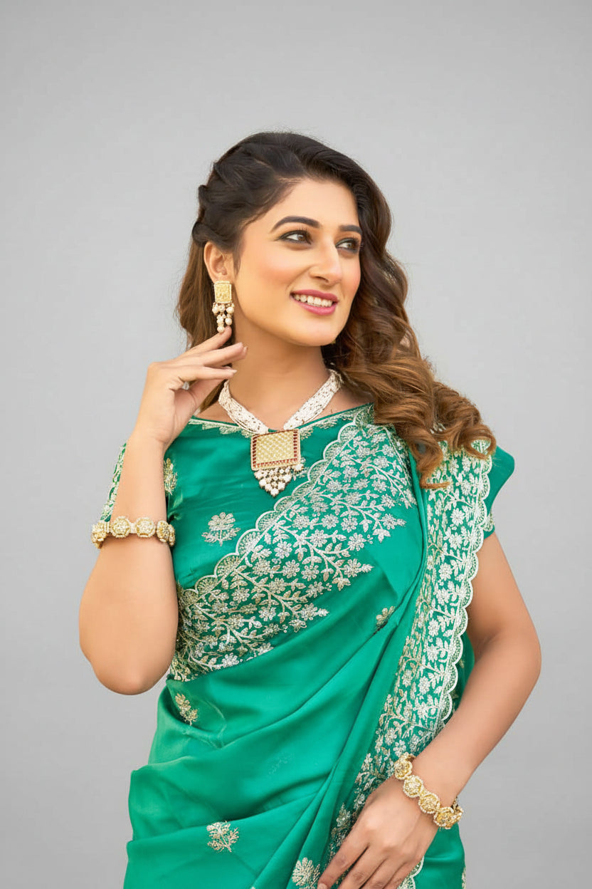 Heavy Floral Embroidered Silk Saree Secondary image