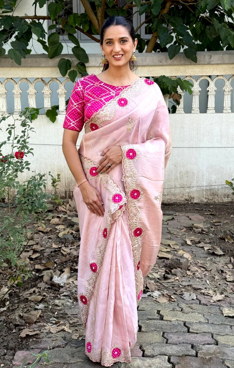 Blush Pink Embroidered Organza Saree