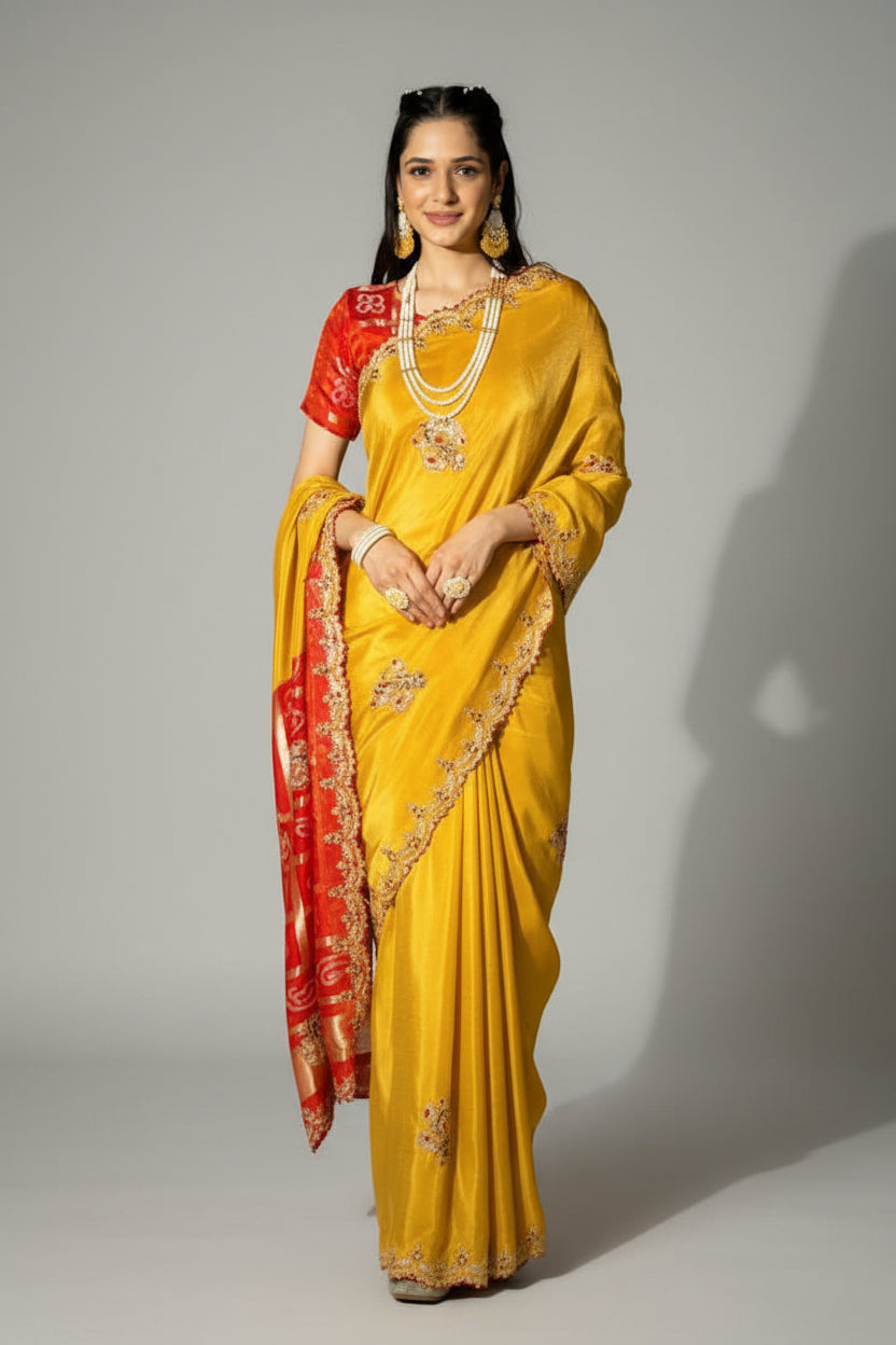 Bright Yellow Embroidered Silk Saree Main image