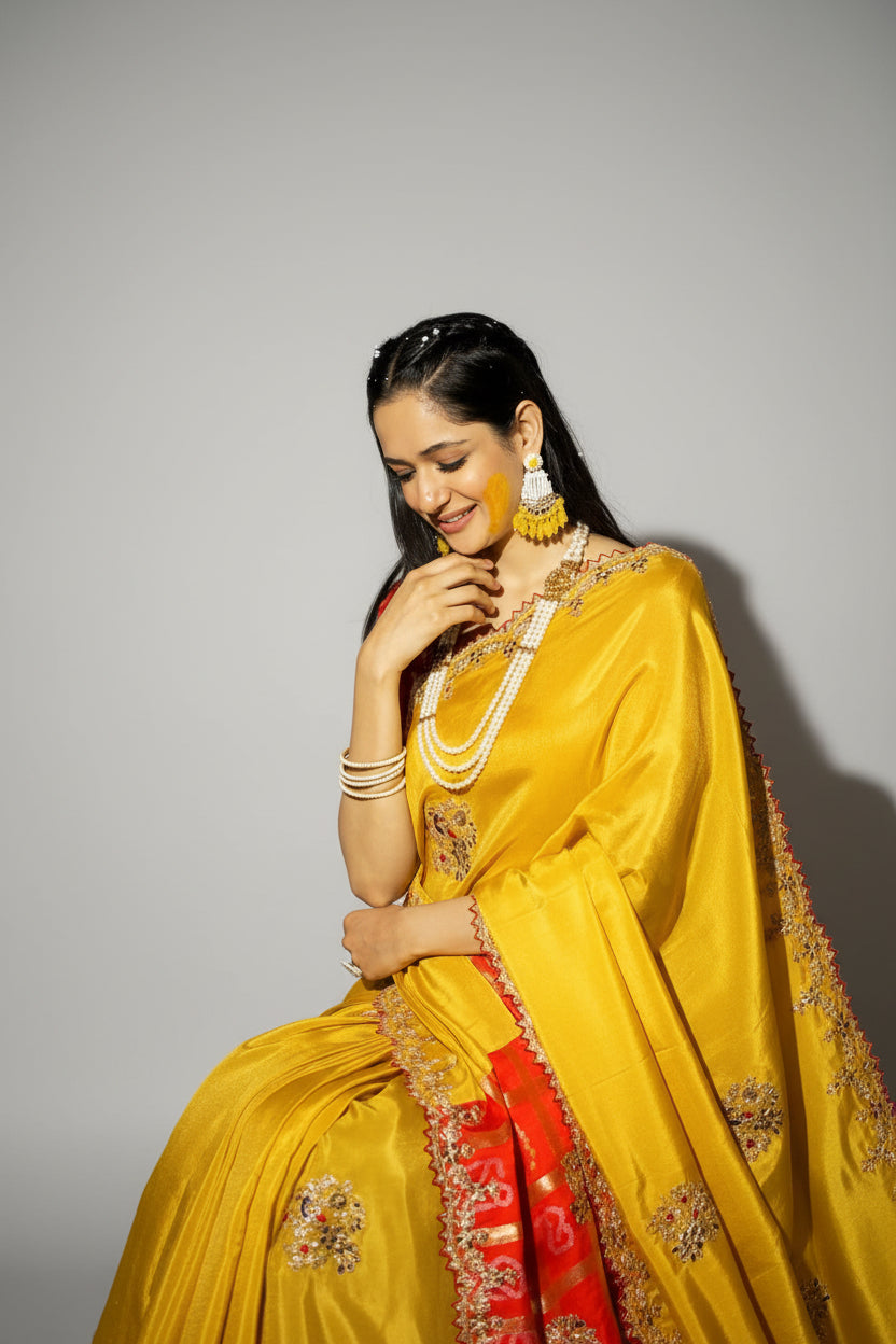Bright Yellow Embroidered Silk Saree Secondary image