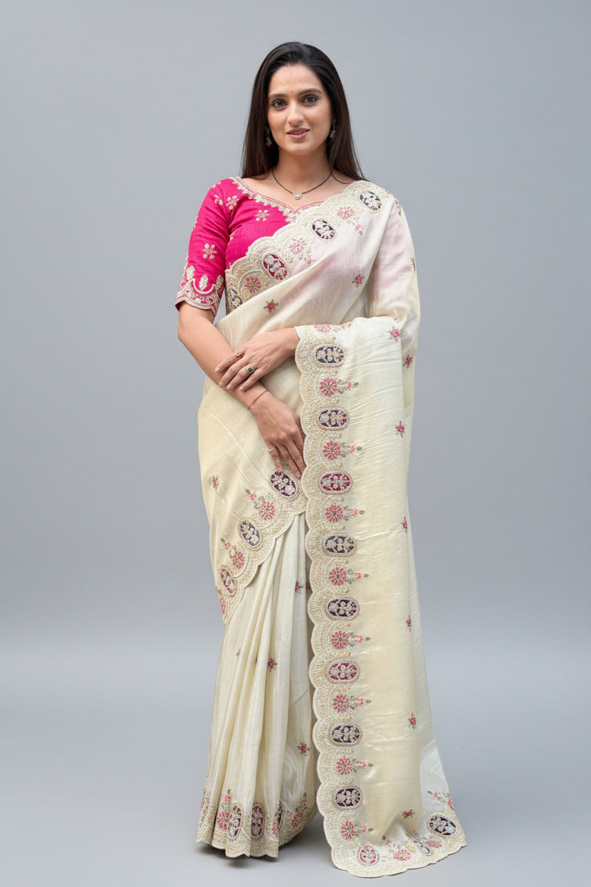 Off-White Embroidered Silk Saree Main image