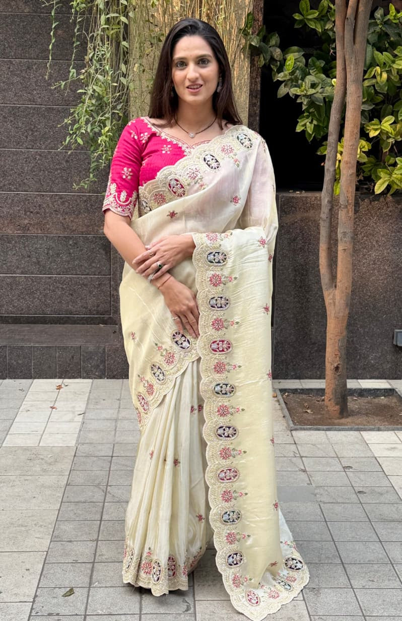Off-White Embroidered Silk Saree