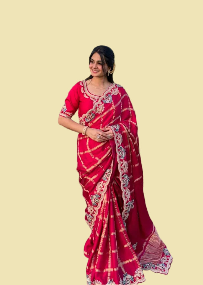Rani Pink Gold Checkered Silk Saree Main image