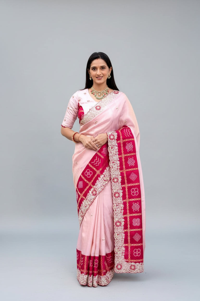Bandhani Style Embroidered Silk Saree Secondary image