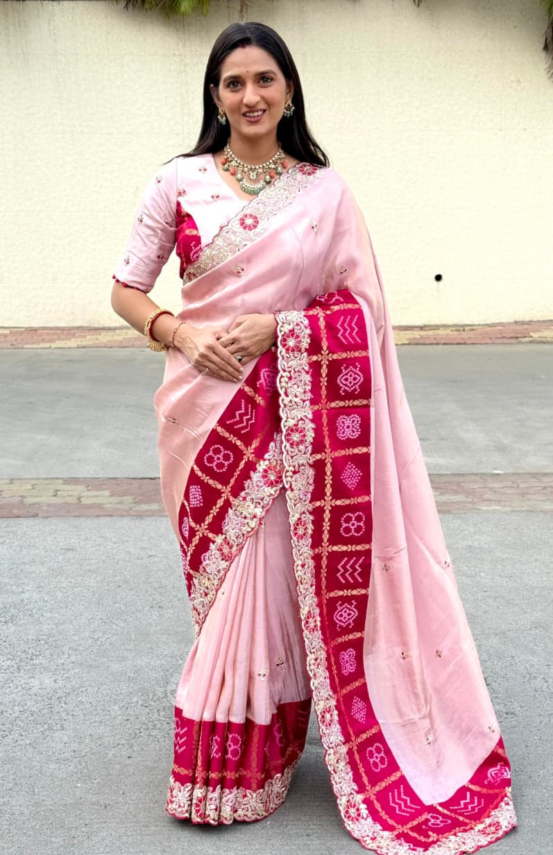Bandhani Style Embroidered Silk Saree