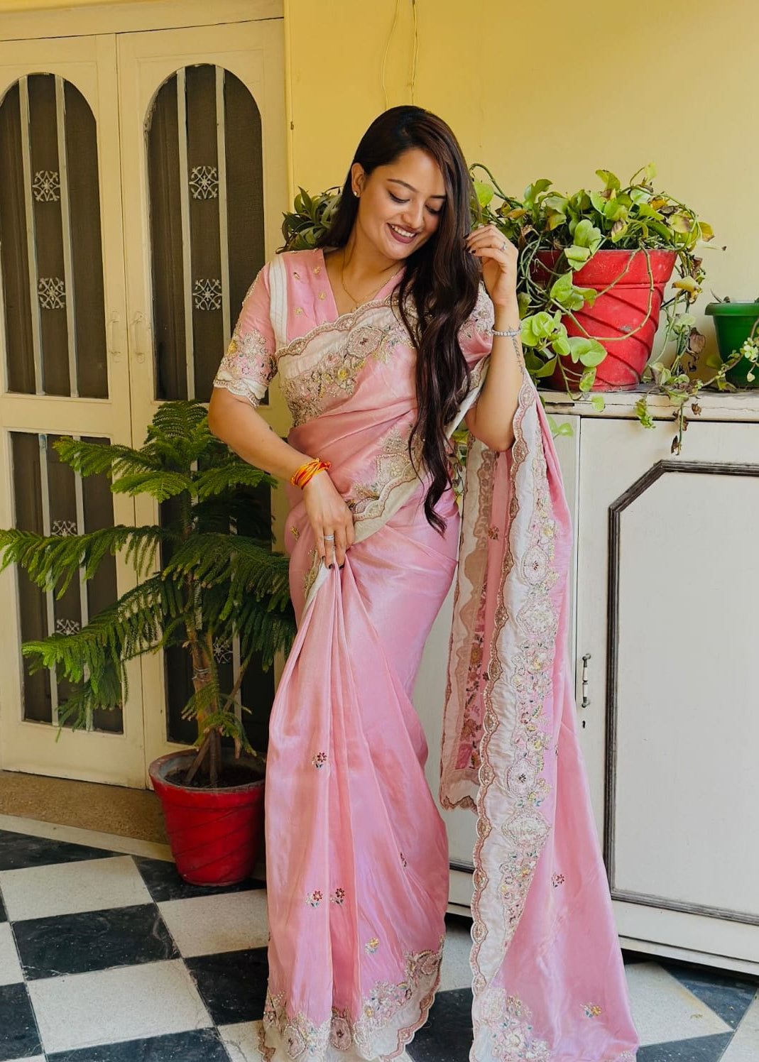 Pink Embroidered Silk Saree