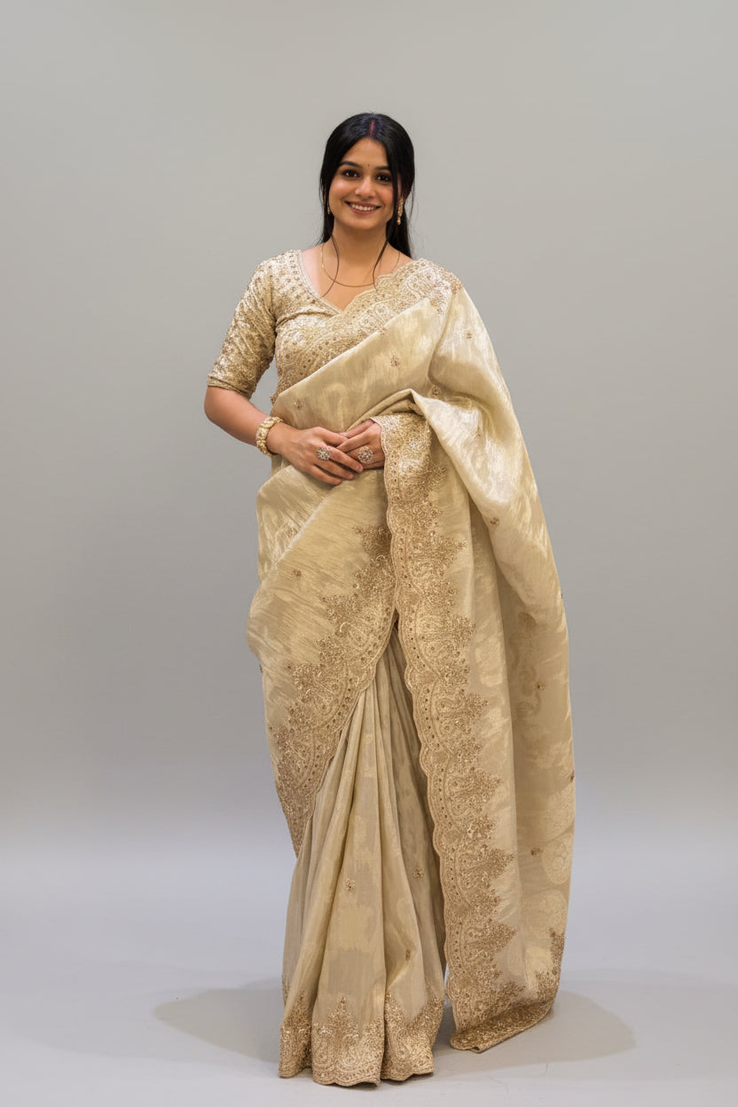 Gold Heavily Embroidered Organza Silk Saree Main image
