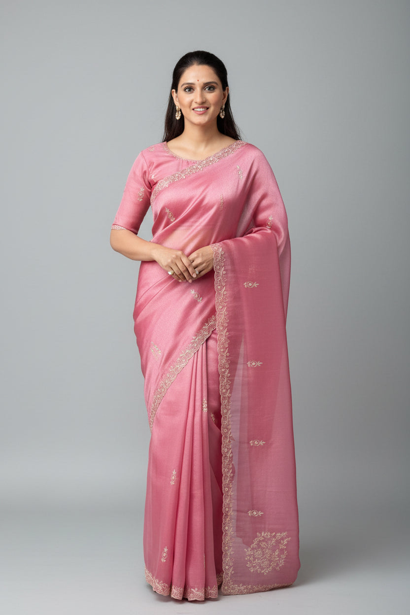 Pink Embroidered Tissue Silk Saree Main image
