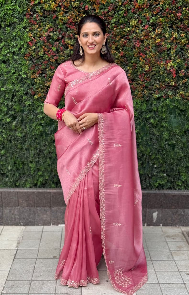 Pink Embroidered Tissue Silk Saree