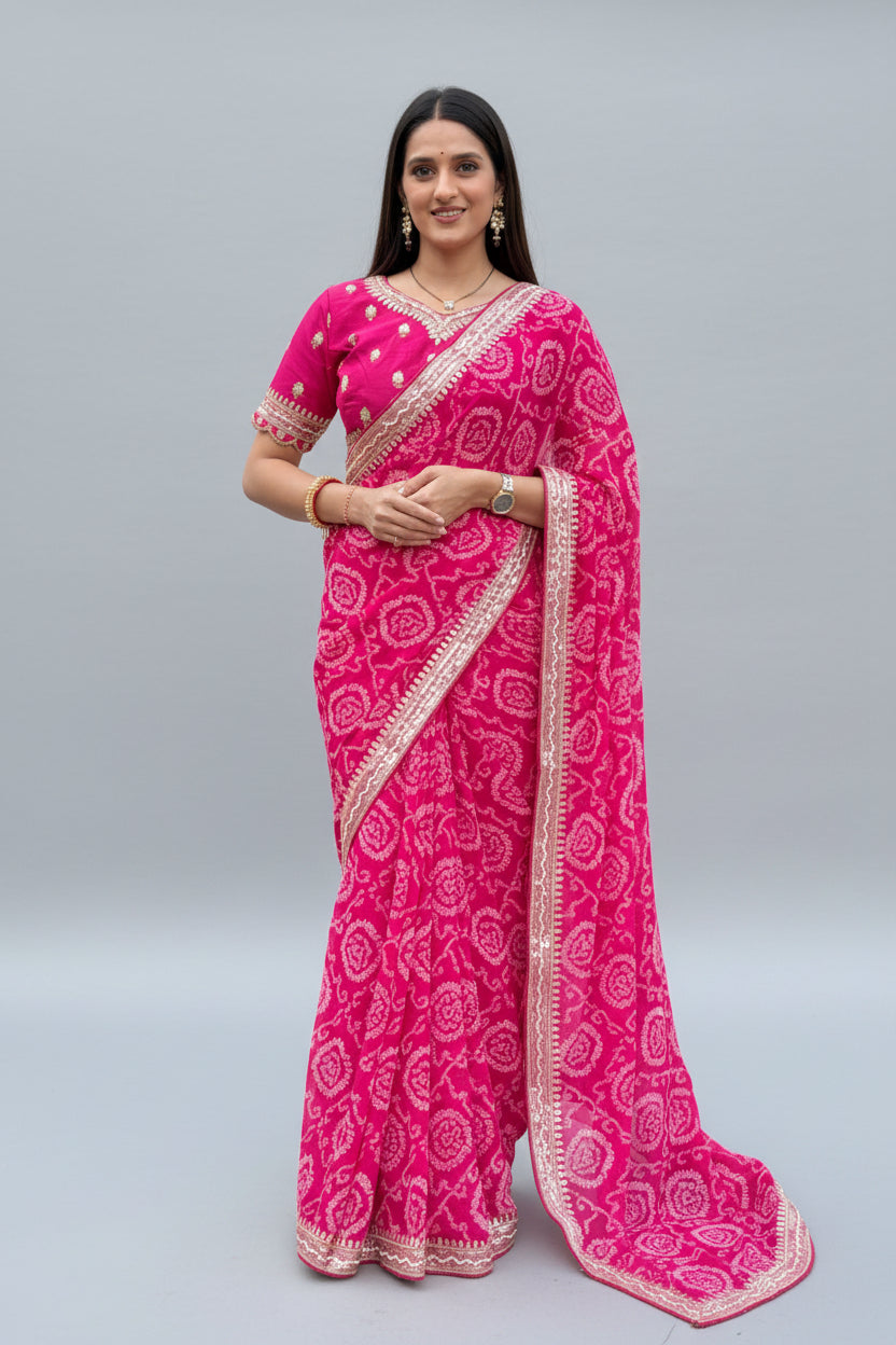 Rani Pink Bandhani Georgette Saree Main image