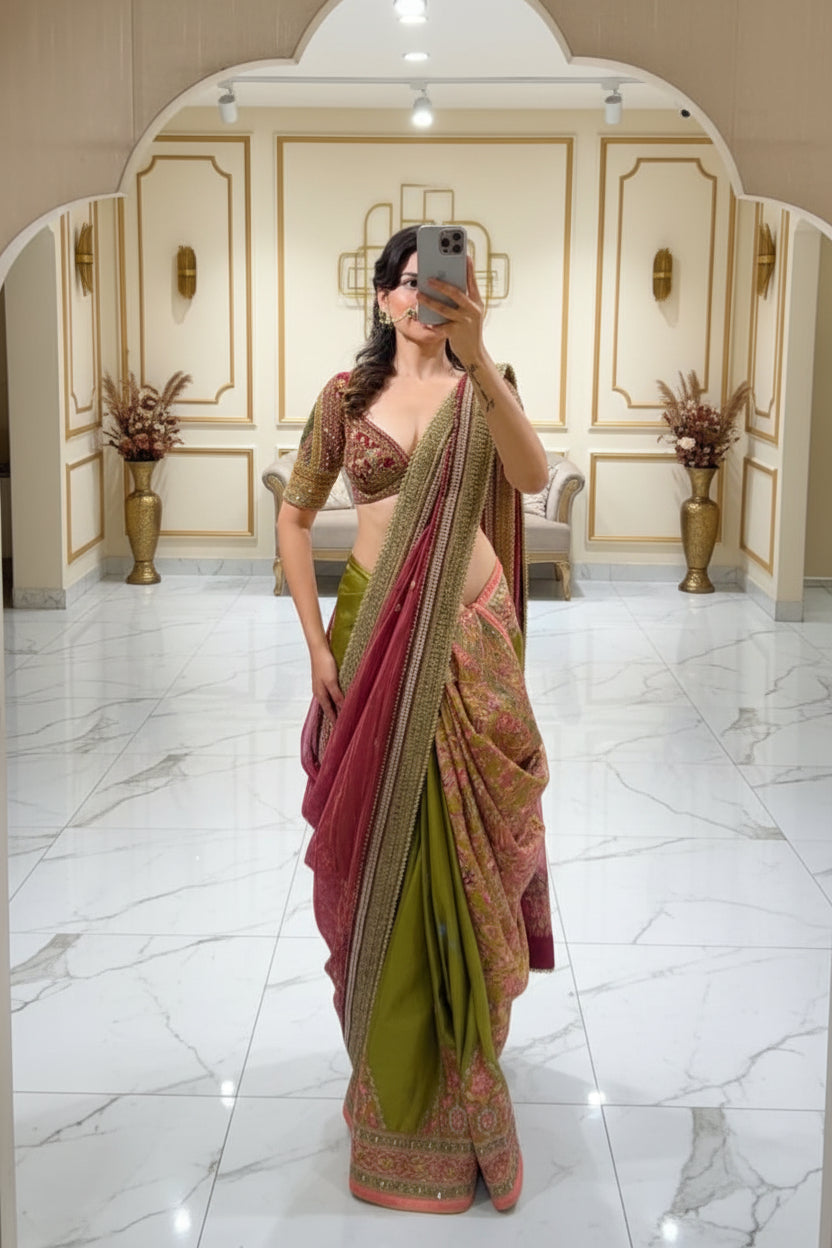 Designer Olive Green Silk Saree Main image