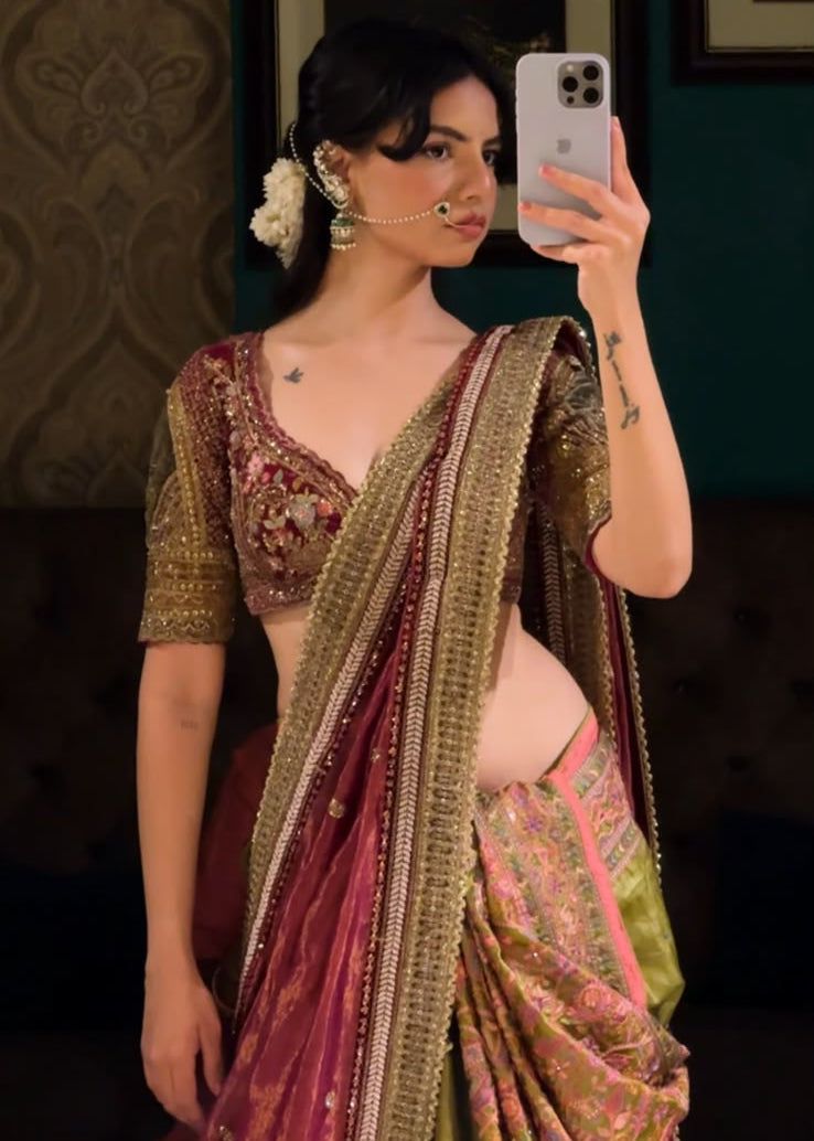 Designer Olive Green Silk Saree