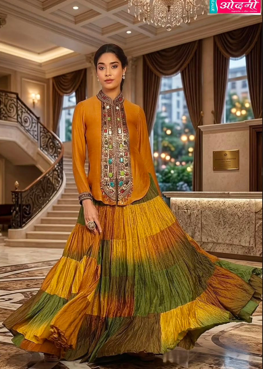 Embroidered Tiered Crinkled Multi-Color Lehenga