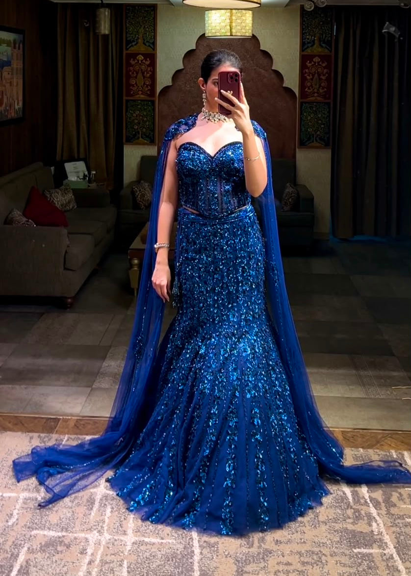 Royal Electric Blue Sequin Cape Lehenga Set