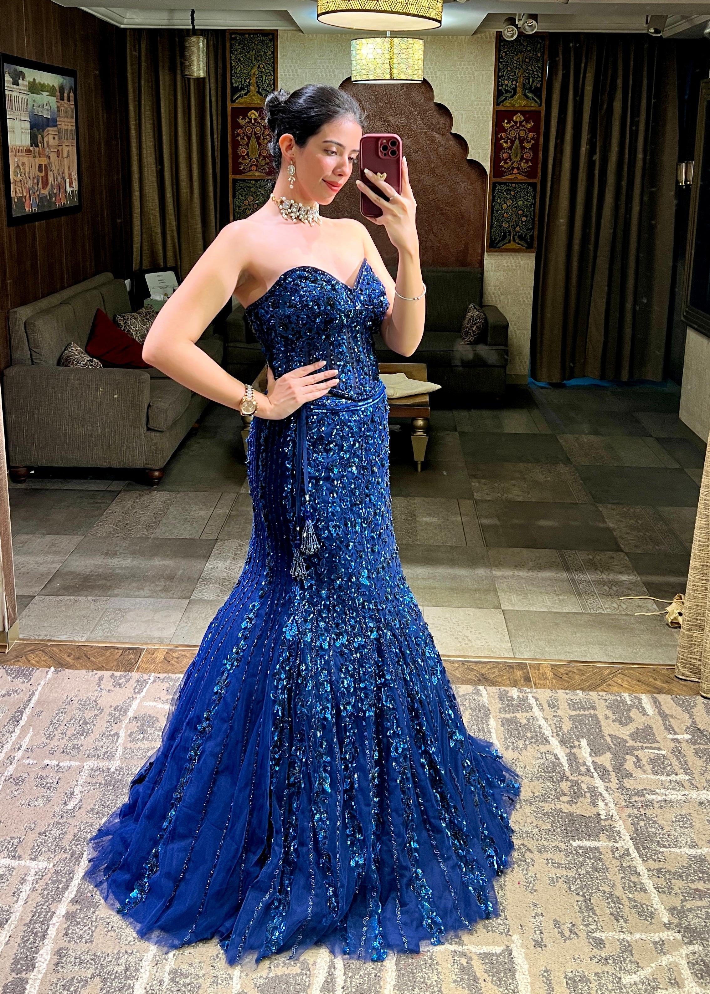 Royal Electric Blue Sequin Cape Lehenga Set Secondary image
